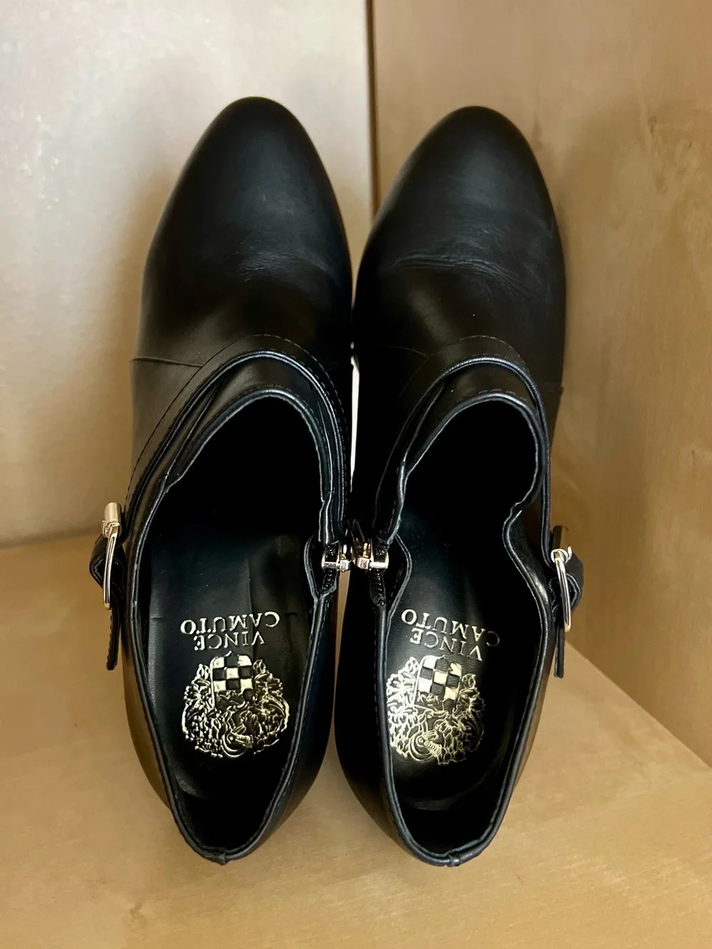 Vince Camuto Vonilesa Black Leather Ankle Stiletto Booties with Gold Buckle